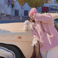 粉色羊羔毛套头棉服女小个子2023冬季新款韩版加绒加厚温柔风外套
