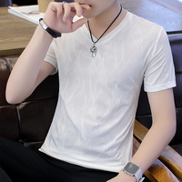 新款冰丝短袖T恤男青少年V领韩版修身学生体恤半袖上衣薄款夏速干