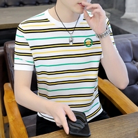夏季冰丝麻条纹针织衫短袖T恤男青年韩版刺绣打底衫毛衣半袖体恤