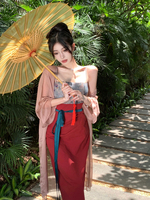 红色古风改良汉服女夏季2023新款汉元素吊带连衣裙新中式国风套装