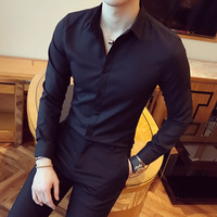 秋季男长袖衬衫韩版修身商务休闲工装青年时尚潮黑色纯色衬衣男装
