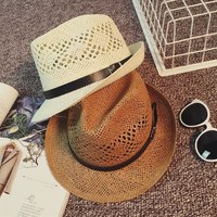 夏季礼帽韩版遮阳帽英伦女士帽子男士草帽爵士帽情侣度假沙滩帽子