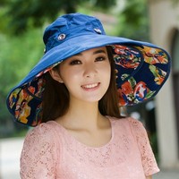 18年新款太阳帽子超大沿可折叠沙滩帽女士户外遮阳帽夏天凉帽防紫