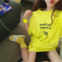 新款网红短袖黄色中长款潮学生宽松下衣失踪圆领印字母T恤女韩版