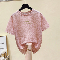 欧货刺绣豹纹冰丝短袖t恤女2023年夏季新款洋气粉色宽松上衣体恤