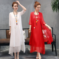 民族风刺绣棉麻连衣裙两件套女装2018春装新款套装大码夏季长裙子
