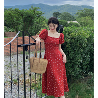 梅子熟了复古港味红色连衣裙方领泡泡袖雪纺显瘦茶歇裙气质吊带裙