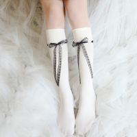 白色洛丽塔袜子女长筒夏日系公主风蝴蝶结蕾丝萝莉显瘦中筒小腿袜