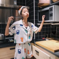韩版小清新卡通印花短袖睡衣女甜美可爱学生宽松薄款短裤两件套装