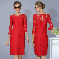 雷丝红色连衣裙2018新款女装春款蕾丝高个子170-175欧美 韩版大码