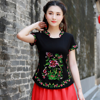 民族风女装上衣2019夏季新款中国风刺绣花短袖t恤大码纯棉打底衫