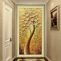 入户玄关装饰画欧式过道手绘油画招财风水发财树挂画立体竖版壁画