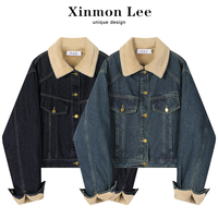 XinmonLee美式复古牛仔女士短外套秋冬2023新款加厚加绒夹克棉服