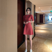 2019夏季新款韩版收腰显瘦纯色短袖连衣裙女很仙的法国小众桔梗裙