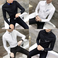2018秋季潮流个性刺绣衬衫男长袖发型师修身韩版百搭英伦青年衬衣