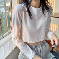 春秋季新款短装上衣韩版修身露脐短款白T恤女高腰纯棉长袖打底衫
