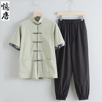 中国风夏季薄款唐装男青年短袖套装中式衬衫复古休闲宽松茶禅汉服