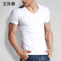 艾诗·祺T恤V领男士短袖T恤健身紧修身纯色棉汗衫秋装白色打底衫