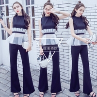 2018夏季新款韩版时尚女装两件套无袖黑白拼接上衣微喇阔腿裤套装