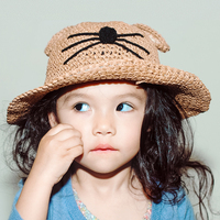 猫咪草帽韩国女童夏天遮阳帽宝宝防晒太阳帽男童帽子儿童沙滩帽子