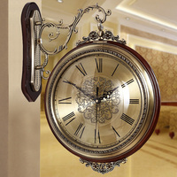 钟表双面挂钟客厅钟表欧式美式挂表田园实木餐厅钟静音墙壁时钟