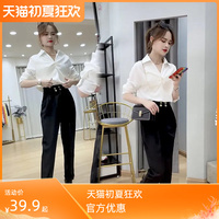 时尚衬衫女士春秋韩版新款显瘦po领上衣+九分裤两件套洋气套装女