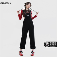 RNBN牛仔背带裤女2023春秋新款韩版盐系设计宽松小个子黑色连体裤