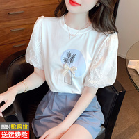 蕾丝泡泡袖T恤女夏2023年夏季新款时尚短袖印花上衣减龄洋气小衫